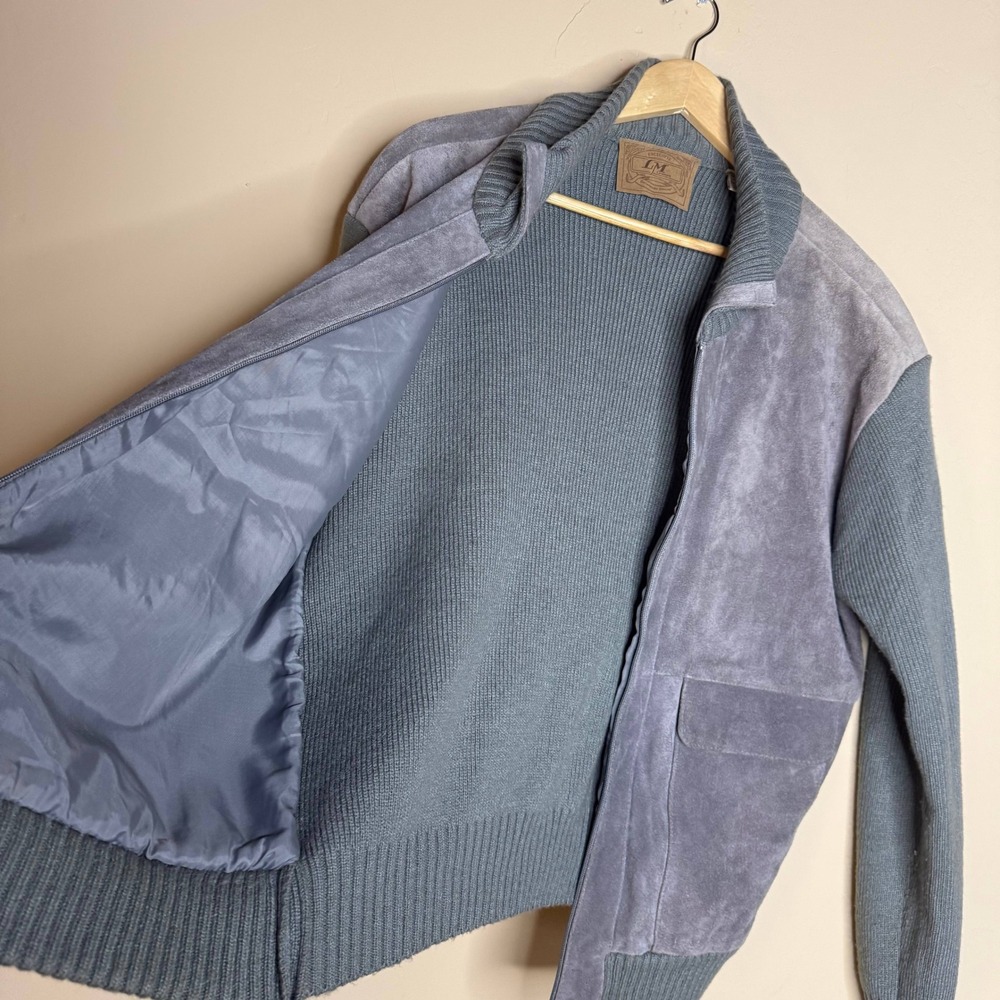 Suede Gray Knit Bomber Jacket Zipper Pockets Ribbed Collar Size XL - Picture 4 of 6